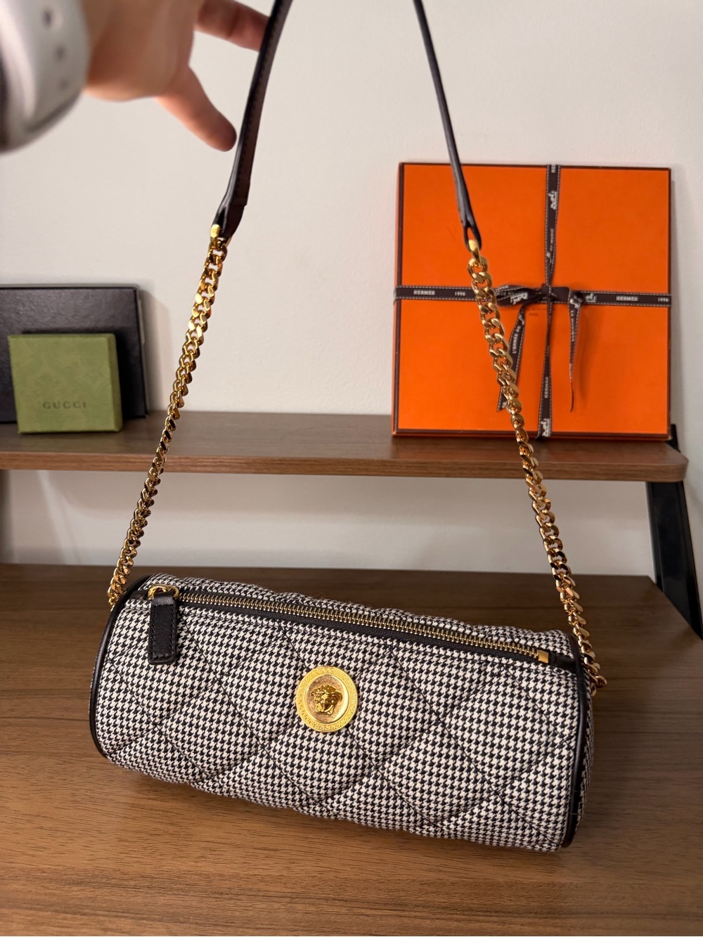 Versace Black & White Houndstooth Quilted Cylinder La Medusa Wool Shoulder Bag - Picture 3 of 12